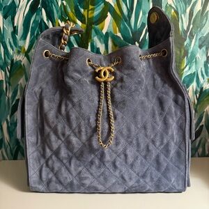 Chanel 25 Blue Quilted Suede Drawstring Bucket Bag